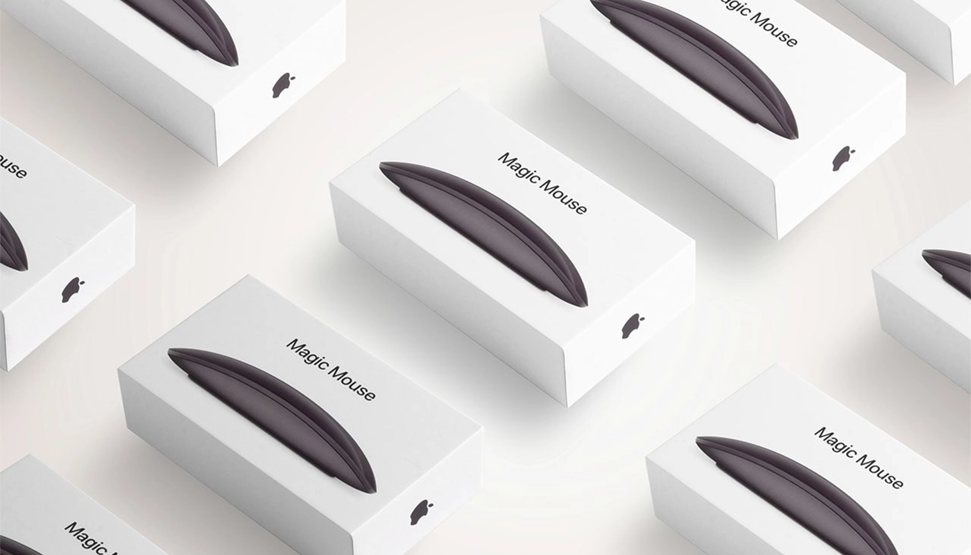 Multiple Apple Magic Mouse boxes arranged in a clean, minimal grid pattern on a light background.