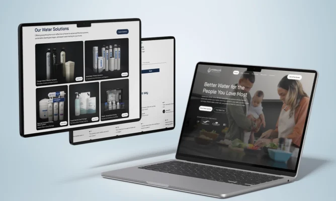 Laptop and tablet screens displaying the HydraLive water solutions website with product offerings and a family-focused homepage design.