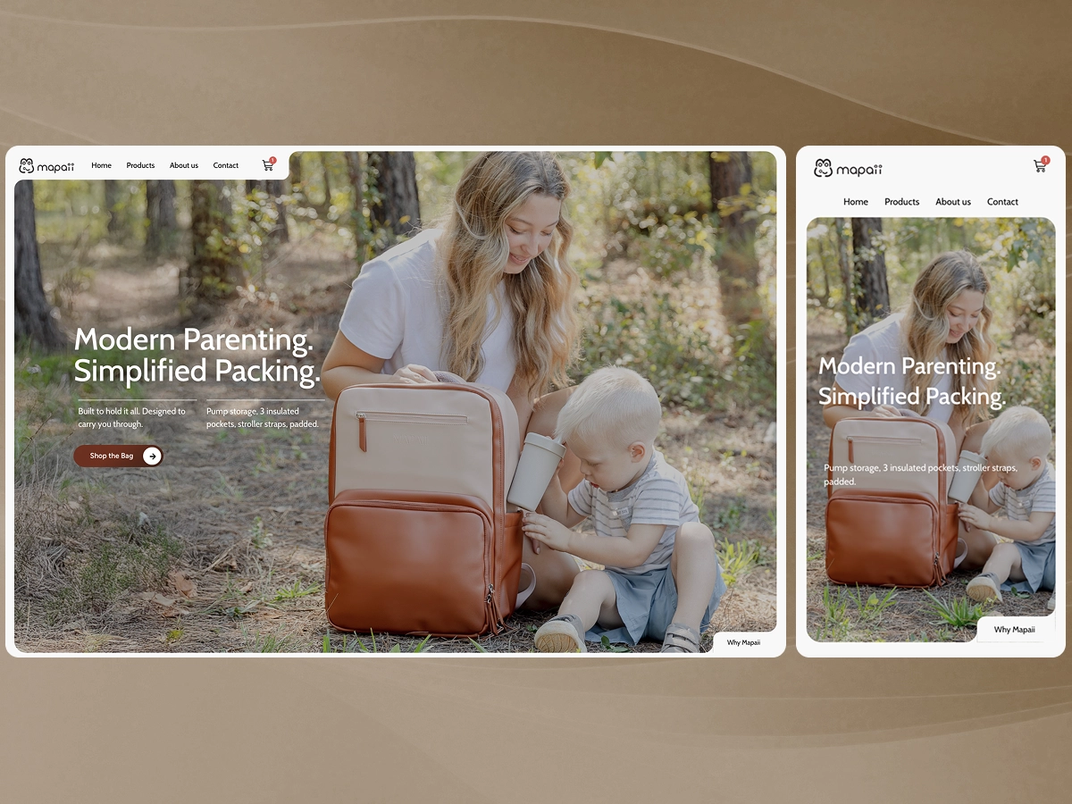 Mother and child sitting outdoors with a MAPAII diaper backpack, featured on a responsive website design for modern parenting.