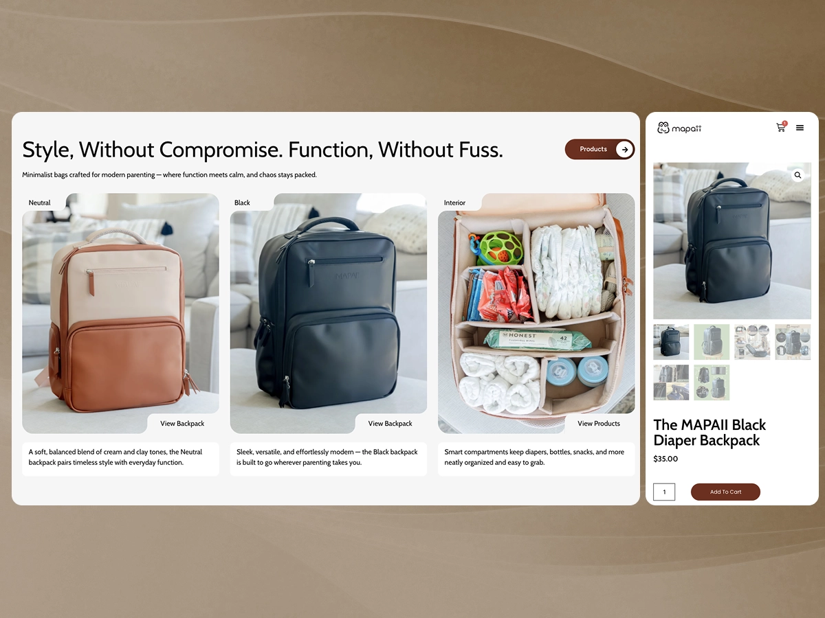Product display of MAPAII diaper backpacks in neutral and black colors, with an organized interior showing diapers, bottles, and baby essentials.