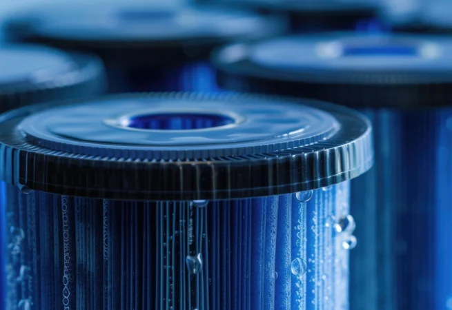 Close-up of blue water filtration cartridges with droplets, highlighting clean water technology.