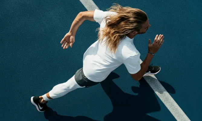 Athlete with long hair sprinting on a blue running track, captured from above in mid-stride.