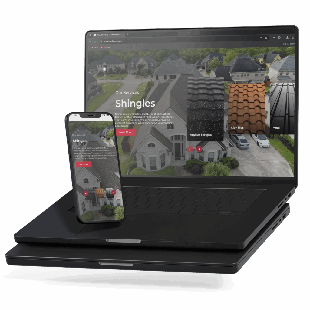 Responsive web design example created by Lume Point Media, showcasing a roofing services website displayed on a laptop and mobile device.
