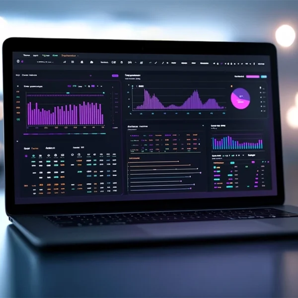 Laptop screen displaying a dark-themed analytics dashboard with colorful graphs, charts, and performance data.