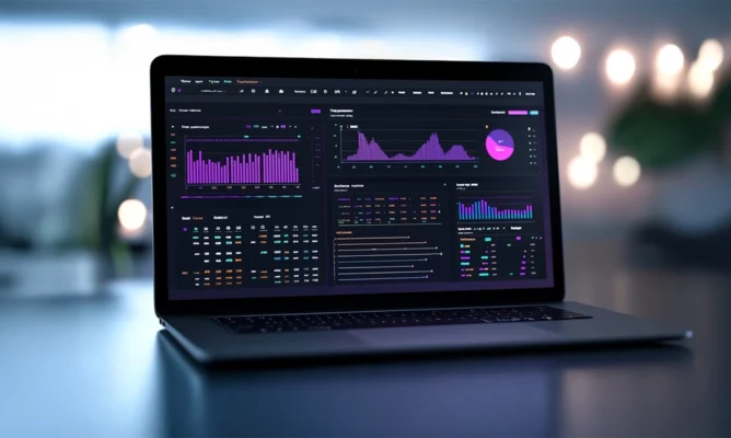 Laptop screen displaying a dark-themed analytics dashboard with colorful graphs, charts, and performance data.