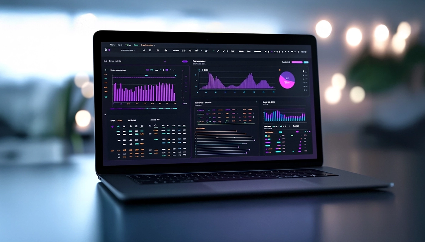 Laptop screen displaying a dark-themed analytics dashboard with colorful graphs, charts, and performance data.
