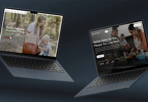 Two laptops displaying website designs, one for MAPAII parenting backpacks and the other for HydraLive water systems.