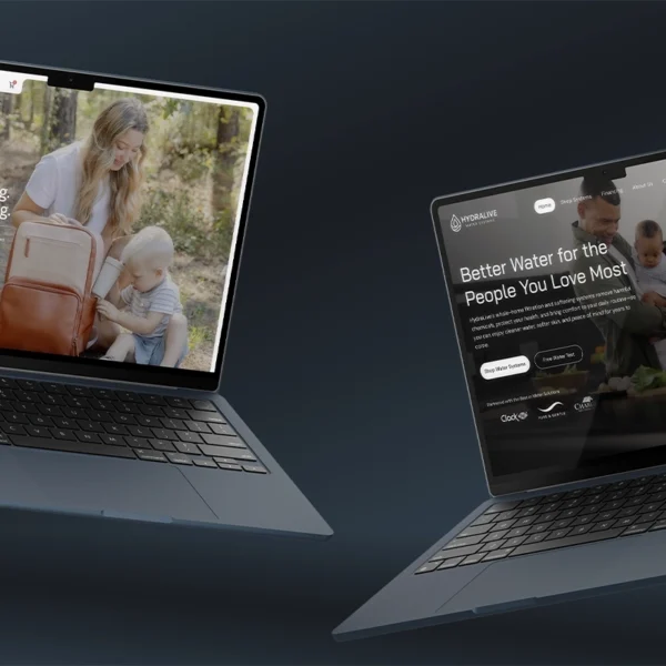 Two laptops displaying website designs, one for MAPAII parenting backpacks and the other for HydraLive water systems.