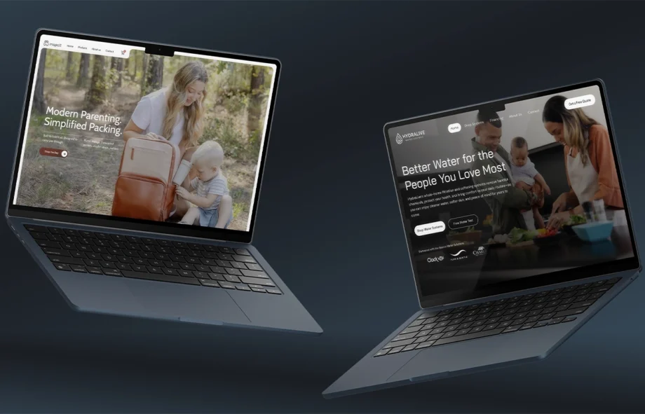 Two laptops displaying website designs, one for MAPAII parenting backpacks and the other for HydraLive water systems.