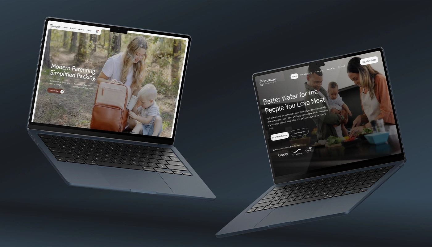 Two laptops displaying website designs, one for MAPAII parenting backpacks and the other for HydraLive water systems.