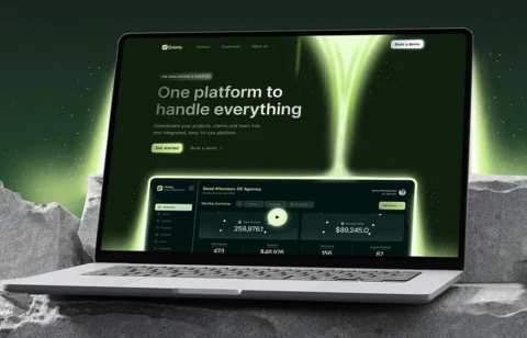 Laptop mockup displaying Orbitly platform dashboard with tagline ‘One platform to handle everything’ in a modern green-themed UI design.