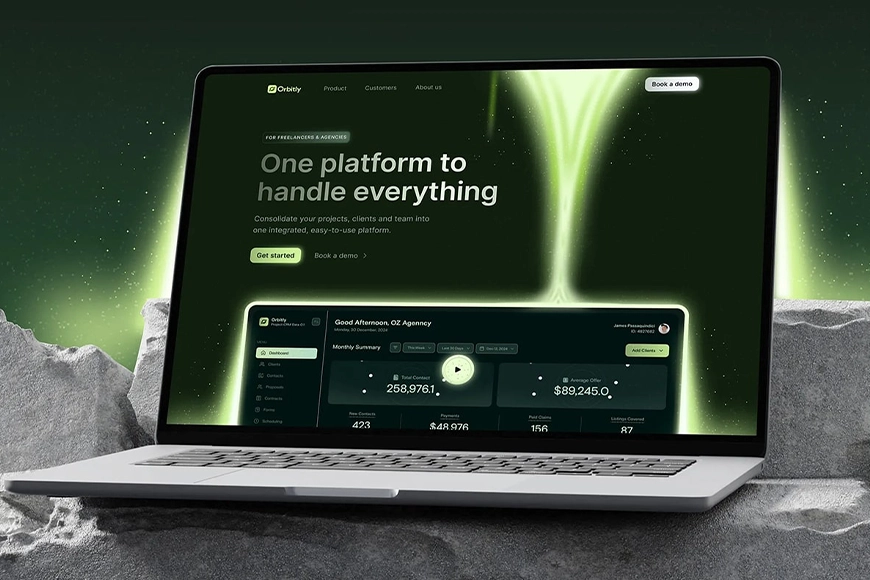 Laptop mockup displaying Orbitly platform dashboard with tagline ‘One platform to handle everything’ in a modern green-themed UI design.