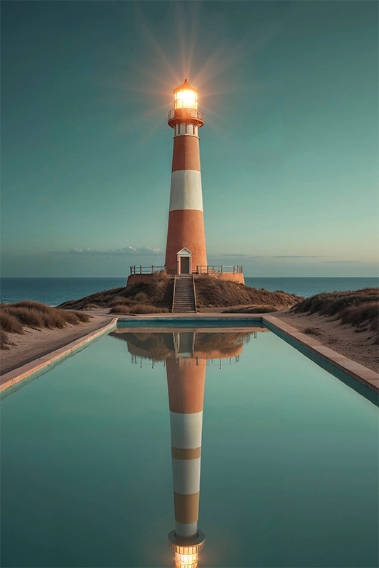 Tall lighthouse glowing at sunset with its reflection in a calm pool leading out to the ocean.