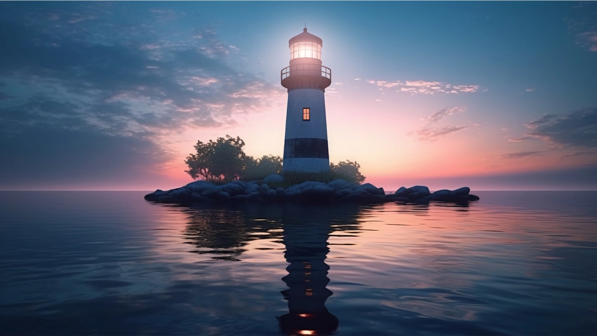 Lighthouse glowing at sunset on a rocky island, reflecting across the calm ocean waters.