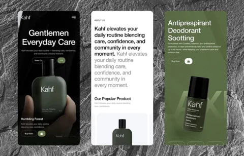 Mobile UI design showcase for Kahf men’s grooming products, featuring everyday care, eau de toilette, and antiperspirant deodorant.