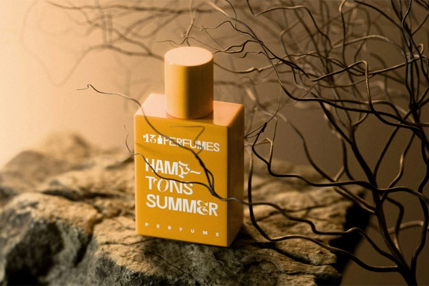 Hamptons Summer perfume bottle by 13th Perfumes displayed on a stone surface with artistic dried branches in the background.