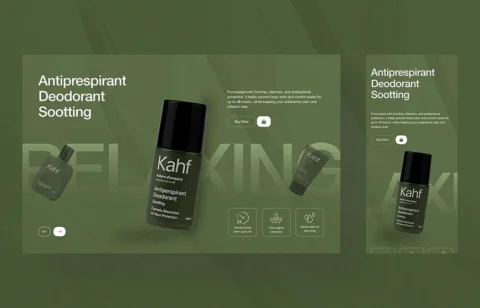 Web and mobile design mockup showcasing Kahf Antiperspirant Deodorant Sootting product with minimalist green branding.